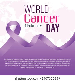 4 de febrero. Afiche cuadrado del Día Mundial del Cáncer con cinta morada. Espacio para texto. Fondo blanco y violeta. Mapa mundial impreso.  Día de la Conciencia, Día del Cáncer. Usada para carteles, afiches, redes sociales. 