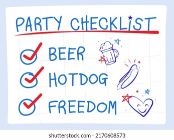 4th Fourth of July Party in the USA Checklist illustration in red and blue stars, hotdog, doodle. American independence day banner with freedom, fun, and cute hand-drawing concept art, vector format.