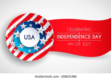 4th fourth of July, United Stated (USA) independence day greeting, typographic design. United states of America. Fourth of July. Banner, border with stars, balloons, fireworks,confetti, ribbon. 