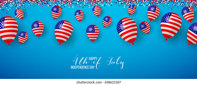 4th fourth of July, United Stated (USA) independence day greeting, typographic design. United states of America. Fourth of July. Banner, border with stars, balloons, fireworks,confetti, ribbon. 