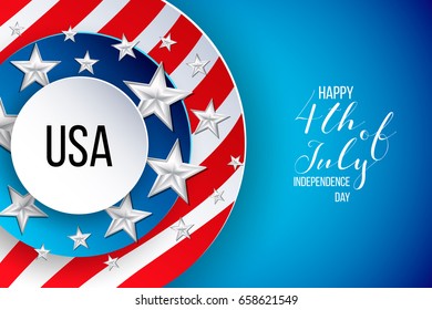 4th fourth of July, United Stated (USA) independence day greeting, typographic design. United states of America. Fourth of July. Banner, border with stars, balloons, fireworks,confetti, ribbon. 