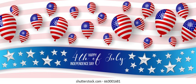 4th fourth of July, United Stated (USA) independence day greeting, typographic design. United states of America. Fourth of July. Banner, border with stars, balloons, fireworks,confetti, ribbon. USA.
