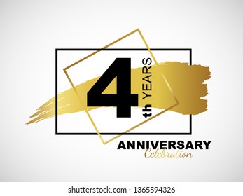 4th golden anniversary icon celebration with frame and hand drawn ink brush gold ribbon. Vector template element for your 4 birthday party poster greeting card on white background and black number.