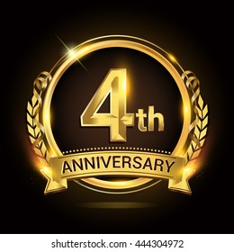 4th golden anniversary logo, 4 years anniversary celebration with ring and ribbon, Golden anniversary laurel wreath design.