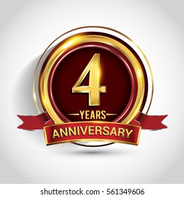 4th golden anniversary logo, four years birthday celebration with ring and red ribbon isolated on white background