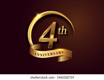 4th golden anniversary logo with gold ring and golden ribbon, vector design for birthday celebration, invitation card. svg
