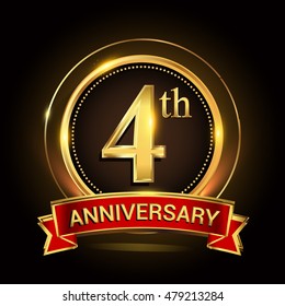 4th golden anniversary logo with ring and ribbon. Vector design template elements for your birthday celebration.