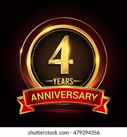 4th golden anniversary logo with ring and red ribbon. Vector design template elements for your birthday celebration.