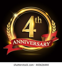 4th golden anniversary logo, with shiny ring and red ribbon, laurel wreath isolated on black background, vector design for birthday celebration.