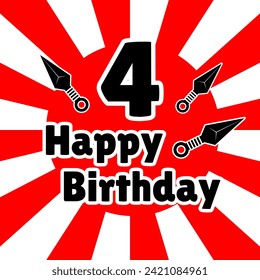 4th happy birthday ninja theme red white background with kunai or traditional ninja tools element