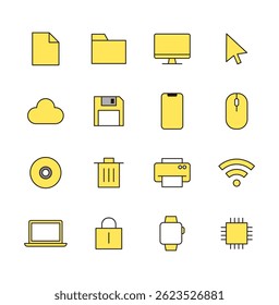4th industry related icon set including technology, digital, computer, laptop, mobile, mobile phone, cloud, network, internet, security, chip. A collection of pictograms usable for web and app.