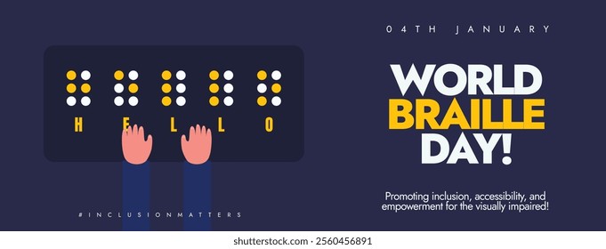 4th January Braille Day. World Braille Day social media post with black board and dots language. Social media post to raise awareness about education of people with disabilities.