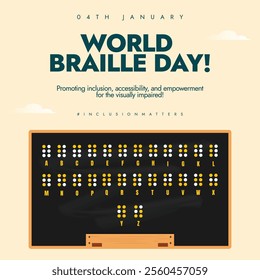 4th January Braille Day. World Braille Day social media post with black board and dots language. Social media post to raise awareness about education of people with disabilities.