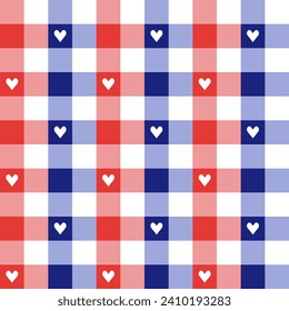 4th of Juky plaid pattern with heart background. plaid pattern background. plaid background. Seamless pattern. for backdrop, decoration, gift wrapping, gingham tablecloth, blanket, tartan.