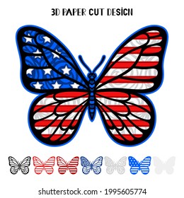 4th of July 3D Butterfly with USA flag. Independence Day. Vector patriotic symbol. Layered insect. Paper or laser cut template, printing on t-shirt,sublimation. For card, banner, flyer.