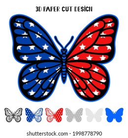 4th of July. 3D Butterfly with USA flag. Independence Day. Vector patriotic symbol. Layered insect. Paper or laser cut template, printing on t-shirt,sublimation. For card, banner, flyer.