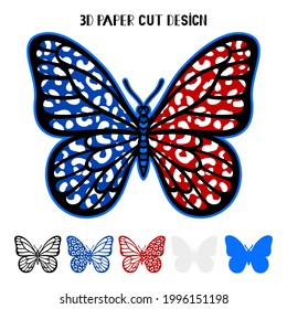 4 de julio, mariposa leopardo en 3D. Día de la Independencia. Símbolo vectorial patriótico. Infecto estratificado. Plantilla de corte por papel o láser, impresión en camiseta, sublimación. Para tarjeta, pancarta, volante.