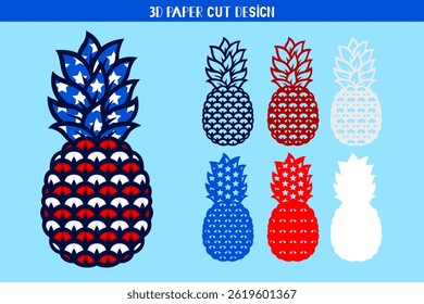 4th of July 3D Pineapple with USA flag. Vector patriotic symbol. Layered fruit paper or laser cut template, printing on t-shirt,sublimation. For card, banner, flyer. Independence Day.