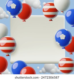 4th July 3d square background for sale and social media post. USA Independence Day holiday banner with blue, red and white flying balloons, clouds and copy space.