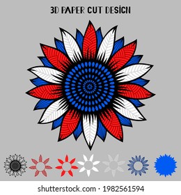 4th Of July 3D Sunflower With USA Flag.Mandala Ornament.Vector Patriotic Symbol. Layered Sunflower Paper Or Laser Cut Template, Printing On T-shirt,sublimation. For Card, Banner. Independence Day.