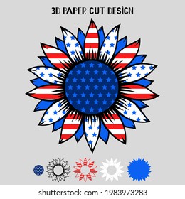 4th Of July 3D Sunflower With USA Flag. Vector Patriotic Symbol. Layered Sunflower Paper Or Laser Cut Template, Printing On T-shirt,sublimation. For Card, Banner, Flyer. Independence Day.