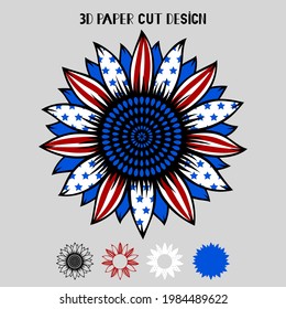 4th Of July 3D Sunflower With USA Flag. Vector Patriotic Symbol. Layered Sunflower Paper Or Laser Cut Template, Printing On T-shirt,sublimation. For Card, Banner, Flyer. Independence Day.