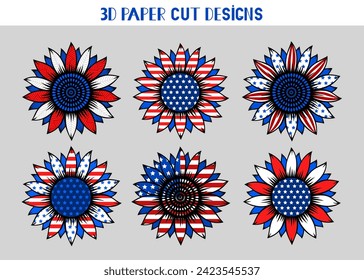 4 de julio Girasol 3D con bandera de EEUU. El vector estableció un símbolo patriótico. Papel de girasol estratificado o plantilla de corte láser, impresión en camiseta, sublimación. Para tarjeta, pancarta, volante. Día de la Independencia.