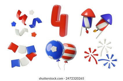 4th July 3d vector elements and icons collection for holiday design. Blue, red and white cartoon decorative objects set isolated on white background.