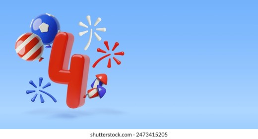 4th July 3d vector holiday banner with big red number 4, balloons and fireworks. US Independence Day holiday background with copy space text.