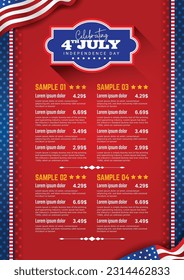 4th of July A4 restaurant food menu with sample item list, usa waving flag and pattern. Vector illustration.