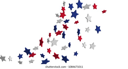 4th of July. Abstract background of falling red, blue, white stars in the colors of the United States, the patriotic stars of America confetti. USA banner background. Vector illustration