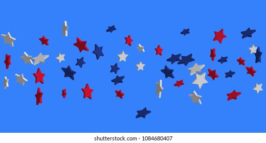 4th of July. Abstract background of falling red, blue, white stars in the colors of the United States, the patriotic stars of America confetti. USA banner background. Vector illustration