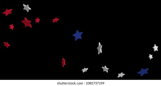 4th of July. Abstract background of falling red, blue, white stars in the colors of the United States, the patriotic stars of America confetti. USA banner background. Vector illustration