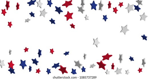 4th of July. Abstract background of falling red, blue, white stars in the colors of the United States, the patriotic stars of America confetti. USA banner background. Vector illustration