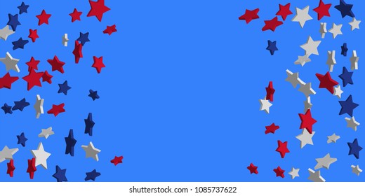 4th of July. Abstract background of falling red, blue, white stars in the colors of the United States, the patriotic stars of America confetti. USA banner background. Vector illustration