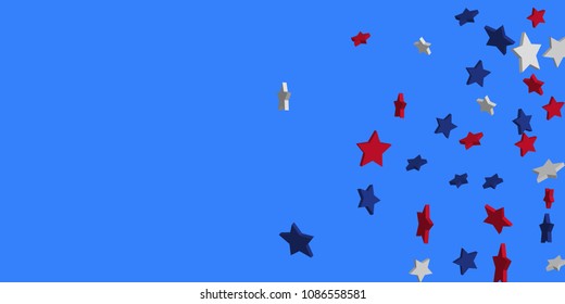 4th of July. Abstract background of falling red, blue, white stars in the colors of the United States, the patriotic stars of America confetti. USA banner background. Vector illustration