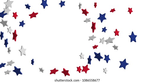 4th of July. Abstract background of falling red, blue, white stars in the colors of the United States, the patriotic stars of America confetti. USA banner background. Vector illustration