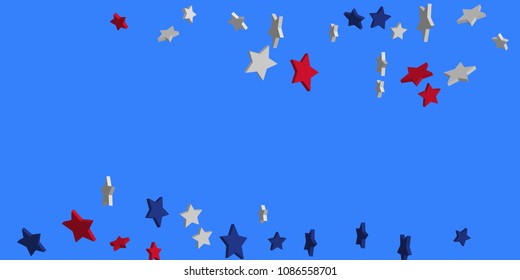 4th of July. Abstract background of falling red, blue, white stars in the colors of the United States, the patriotic stars of America confetti. USA banner background. Vector illustration