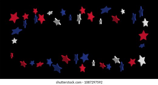 4th of July. Abstract background of falling red, blue, white stars in the colors of the United States, the patriotic stars of America confetti. USA banner background. Vector illustration