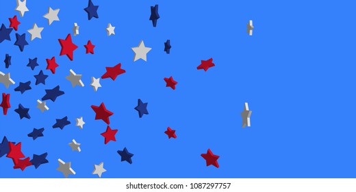 4th of July. Abstract background of falling red, blue, white stars in the colors of the United States, the patriotic stars of America confetti. USA banner background. Vector illustration