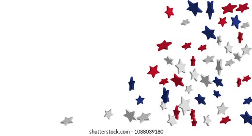 4th of July. Abstract background of falling red, blue, white stars in the colors of the United States, the patriotic stars of America confetti. USA banner background. Vector illustration