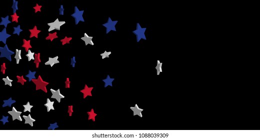 4th of July. Abstract background of falling red, blue, white stars in the colors of the United States, the patriotic stars of America confetti. USA banner background. Vector illustration