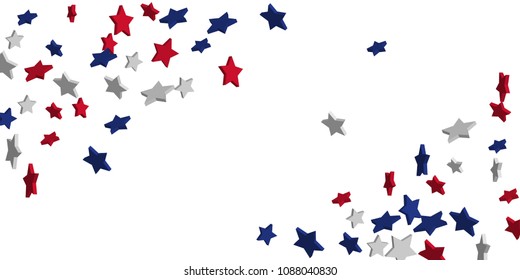 4th of July. Abstract background of falling red, blue, white stars in the colors of the United States, the patriotic stars of America confetti. USA banner background. Vector illustration