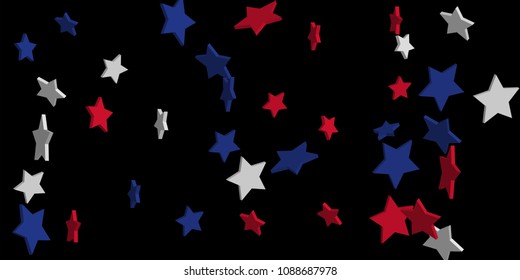 4th of July. Abstract background of falling red, blue, white stars in the colors of the United States, the patriotic stars of America confetti. USA banner background. Vector illustration