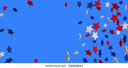 4th of July. Abstract background of falling red, blue, white stars in the colors of the United States, the patriotic stars of America confetti. USA banner background. Vector illustration