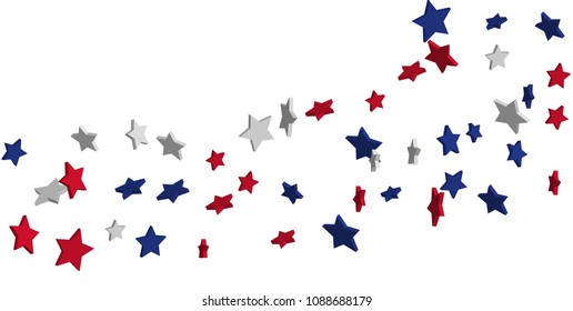 4th of July. Abstract background of falling red, blue, white stars in the colors of the United States, the patriotic stars of America confetti. USA banner background. Vector illustration