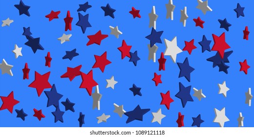 4th of July. Abstract background of falling red, blue, white stars in the colors of the United States, the patriotic stars of America confetti. USA banner background. Vector illustration