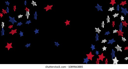 4th of July. Abstract background of falling red, blue, white stars in the colors of the United States, the patriotic stars of America confetti. USA banner background. Vector illustration
