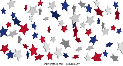 4th of July. Abstract background of falling red, blue, white stars in the colors of the United States, the patriotic stars of America confetti. USA banner background. Vector illustration