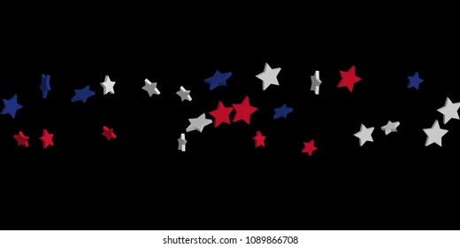 4th of July. Abstract background of falling red, blue, white stars in the colors of the United States, the patriotic stars of America confetti. USA banner background. Vector illustration